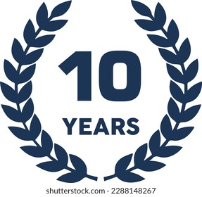 10th Year Anniversary Vector EPS, featuring '10' and 'YEARS' for a tenth milestone. Laurel leaves adorn this versatile emblem, perfect for projects commemorating ten years of accomplishments