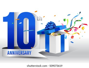 10th years anniversary background with ribbon, confetti and gift on white. Poster or brochure template. Vector illustration.