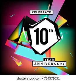 10th years anniversary card with colorful background. Ten years birthday logo on geometric colorful background.