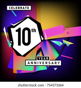 10th years anniversary card with colorful background. Ten years birthday logo on geometric colorful background.