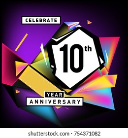 10th years anniversary card with colorful background. Ten years birthday logo on geometric colorful background.