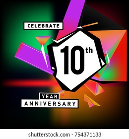 10th years anniversary card with colorful background. Ten years birthday logo on geometric colorful background.