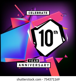 10th years anniversary card with colorful background. Ten years birthday logo on geometric colorful background.