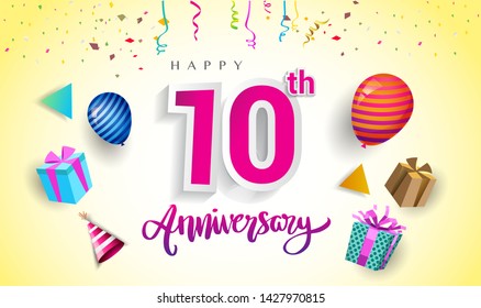 10th Years Anniversary Celebration Design, with gift box and balloons, ribbon, Colorful Vector template elements for your birthday celebrating party.
