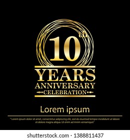 10th years anniversary celebration emblem. anniversary logo with elegance of golden ring on black background, vector illustration template design for celebration greeting card and invitation card