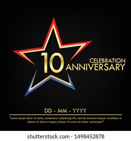 10th years anniversary celebration emblem. anniversary elegance golden logo with red and blue star shape. vector illustration template design for web, leaflet, flyer, greeting card and invitation card