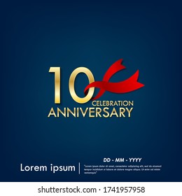 10th years anniversary celebration emblem. anniversary elegance golden logo with red ribbon on dark blue background, vector illustration template design for celebration greeting and invitation card
