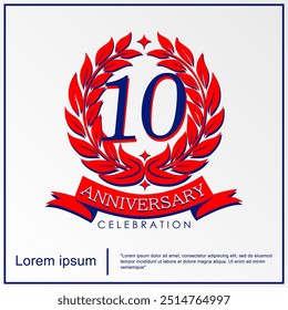 10th years anniversary celebration emblem. anniversary logo isolated with red ribbon and laurel wreath. vector illustration template design for web, flyers, poster, greeting