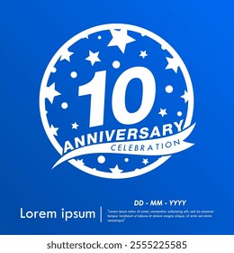 10th years anniversary celebration emblem. white anniversary logo isolated with ribbon and stars ball on blue background. vector illustration template design for web, flyers, poster, greeting card