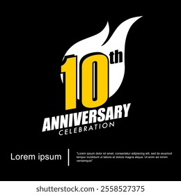 10th years anniversary celebration emblem. anniversary logo isolated with sparks - fireball on black background. vector illustration template design for web, flyers, poster, greeting card