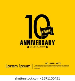 10th years anniversary celebration emblem. anniversary logo isolated with flag pole on yellow background. vector illustration template design for web, flyers, poster, greeting card