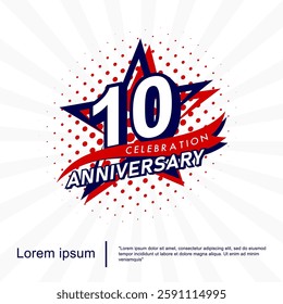 10th years anniversary celebration emblem. anniversary logo isolated with red ribbon and star. vector illustration template design for web, flyers, poster, invitation card, greeting card