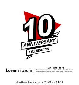 10th years anniversary celebration emblem. black anniversary logo isolated with ribbon and red triangle on white background. vector illustration template design for web, flyers, poster, greeting card