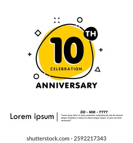 10th years anniversary celebration emblem. anniversary logo badge isolated with liquid organic shapes or irregular round blot form with doodle circle line on white background. vector illustration