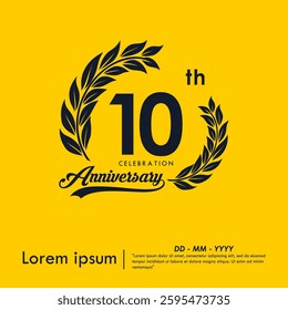 10th years anniversary celebration emblem. anniversary logo isolated with laurel wreath and ribbon on yellow background. vector illustration template design for web, flyers, poster, greeting card