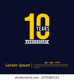 10th years anniversary celebration emblem. anniversary logo isolated with white ribbon on dark blue background. vector illustration template design for web, flyers, poster, greeting card