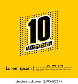 10th years anniversary celebration emblem. anniversary logo isolated with ribbon and polka dots pattern on yellow background. vector illustration template design for web, flyers, poster, greeting card