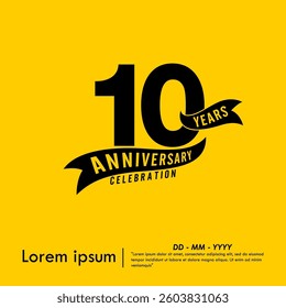 10th years anniversary celebration emblem. black logo isolated with ribbon on yellow background. vector illustration template design for web, flyers, poster, greeting card and invitation card