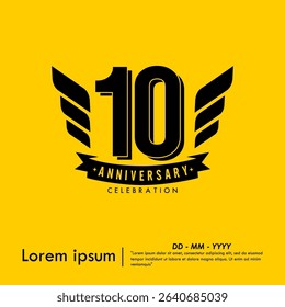 10th years anniversary celebration emblem. congratulations anniversary logo isolated with ribbon and wing on yellow background. vector illustration template design for web, flyers, poster, greeting