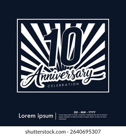 10th years anniversary celebration emblem. congratulations anniversary calligraphy isolated with laurel sunburst on black background. vector illustration template design for web