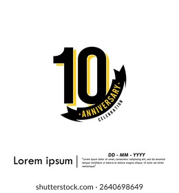 10th years anniversary celebration emblem. congratulations anniversary logo isolated with ribbon on white background. vector illustration template design for web, flyers, poster, greeting card