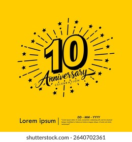 10th years anniversary celebration emblem. congratulations anniversary logo isolated with ribbon and starburst on yellow background. vector illustration template design for web