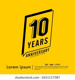 10th years anniversary celebration emblem. congratulations anniversary black logo isolated with speech ribbon badge on yellow background. vector illustration template design for web banner.