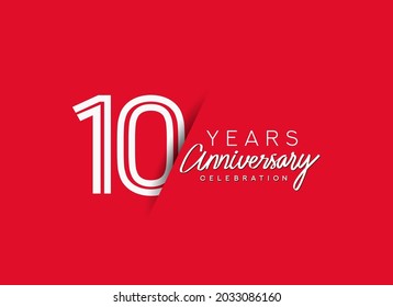 10th Years Anniversary celebration logo, flat design isolated on red background.