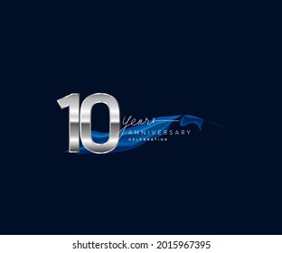 10th Years Anniversary celebration logotype silver colored with blue ribbon and isolated on dark blue background