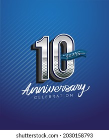 10th years anniversary celebration logotype with silver color and blue ribbon isolated on blue background