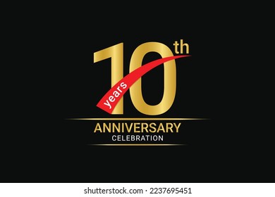 10th years anniversary golden number and red ribbon with banner design.