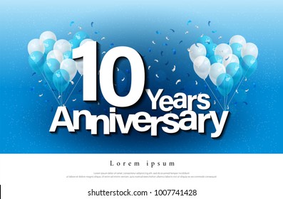 10th years anniversary greeting card lettering template with balloon and confetti. Design for invitation card, banner, web, header and flyer. vector illustrator