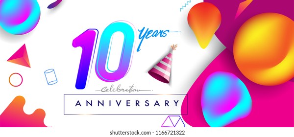 10th years anniversary logo, vector design birthday celebration with colorful geometric background and futuristic elements
