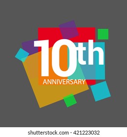 10th years anniversary logo, vector design isolated on colorful geometric background, for birthday celebration.