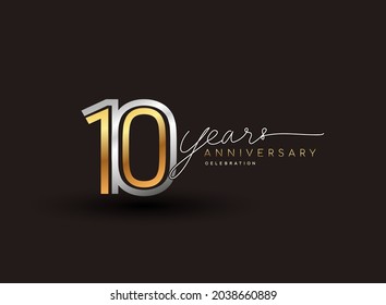 10th years anniversary logotype with multiple line silver and golden color isolated on black background for celebration event.