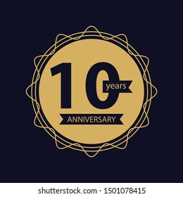 10th years anniversary, vector design logo in openwork circle with ribbon on dark blue background