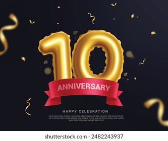 10th years anniversary vector design. Anniversary tenth celebration with number 10 gold metallic balloons and confetti decoration elements. Vector illustration elegant design.  
