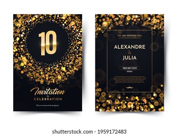 10th years birthday vector black paper luxury invitation double card. Ten years wedding anniversary celebration brochure. Template of invitational for print on dark background with bokeh lights 