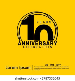 10th years black anniversary celebration emblem. congratulation anniversary award logo with rings on yellow background. vector illustration template design for web banner