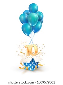 10th years celebrations. Greetings of ten anniversary isolated vector design elements. Open textured gift box with numbers and flying on balloons.