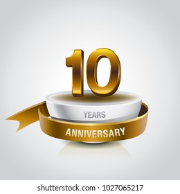 10th years golden anniversary logo celebration with ring and ribbon.
