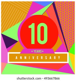 10th years greeting card anniversary with colorful number and frame. logo and icon with Memphis style cover and design template. Pop art style design poster and publication.