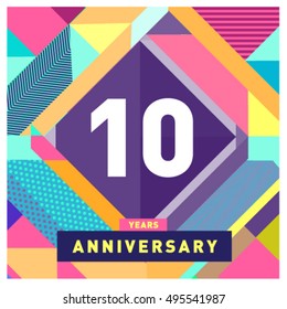 10th years greeting card anniversary with colorful number and frame. logo and icon with Memphis style cover and design template
