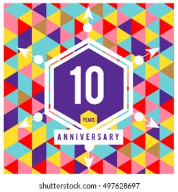10th years greeting card anniversary with colorful number and frame. logo and icon with Memphis style cover and design template