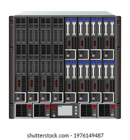 10u server blade with 12 different slot sizes, 4 power supplies and a control box. 19 '' rack mounting. Each server has 2 to 4 SAS hard drives and closed slots. Vector illustration.