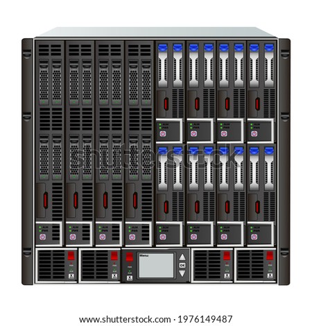 10u server blade with 12 different slot sizes, 4 power supplies and a control box. 19 '' rack mounting. Each server has 2 to 4 SAS hard drives and closed slots. Vector illustration.