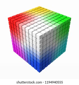 10x10 cubes makes color gradient in shape of big cube. color theory concept with colorful cubes. 3d style vector illustration. suitable for any banner, ad, technology and abstract themes.