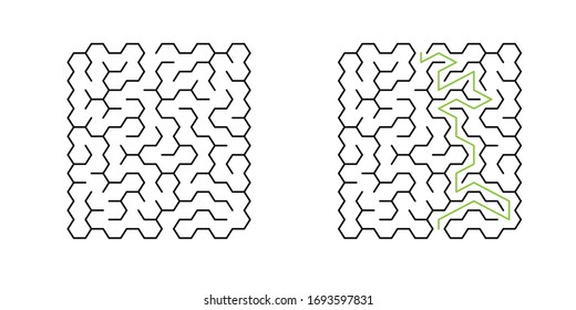 A 10x10 rectangular maze with hex cells and solution