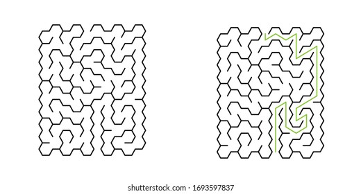 A 10x10 rectangular maze with hex cells and solution