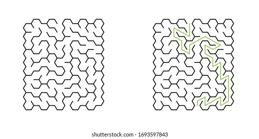 A 10x10 rectangular maze with hex cells and solution